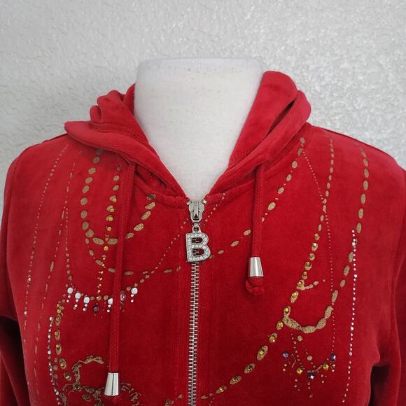 Y2K BCBG Maxazria Red Velour Zip Hoodie w/Rhinestones Size L - Picture 3 of 13